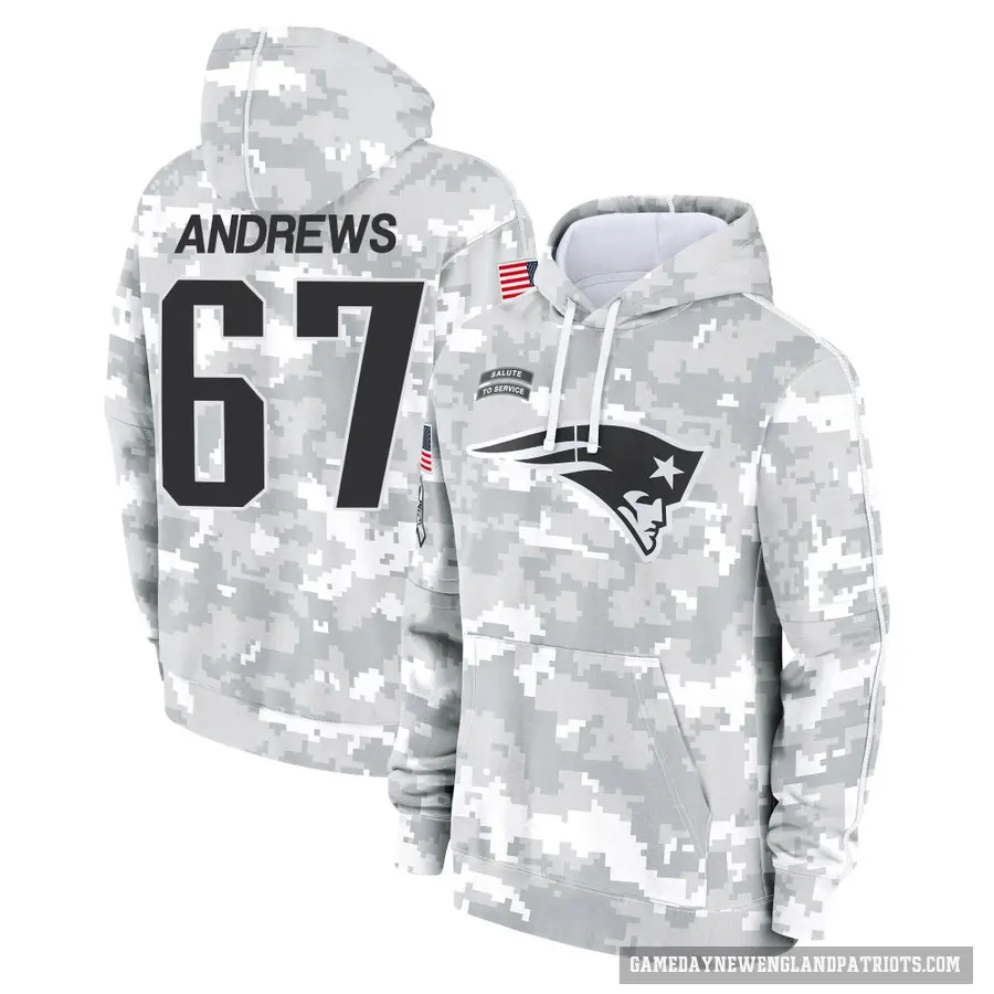 Men's ＃67 Jake Andrews New England Patriots Arctic Camo 2024 Salute to Service Club Fleece Pullover Hoodie