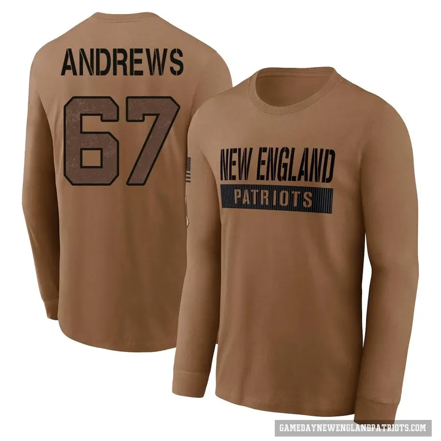 Men's ＃67 Jake Andrews New England Patriots Brown 2023 Salute To Service Long Sleeve T-Shirt