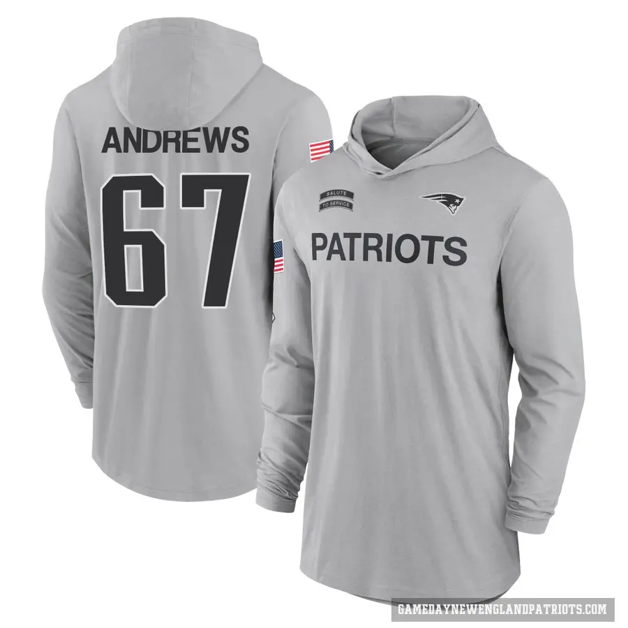 Men's ＃67 Jake Andrews New England Patriots Gray 2024 Salute to Service Lightweight Performance Long Sleeve Hooded T-Shirt