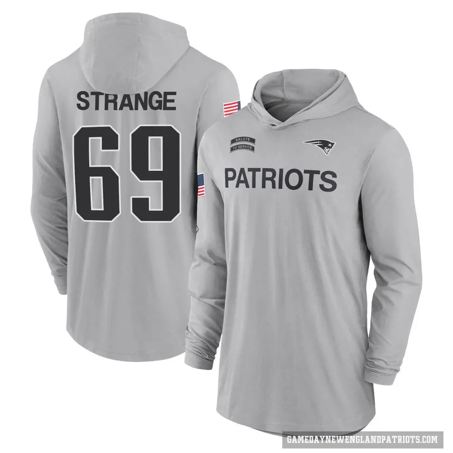 Men's ＃69 Cole Strange New England Patriots Gray 2024 Salute to Service Lightweight Performance Long Sleeve Hooded T-Shirt