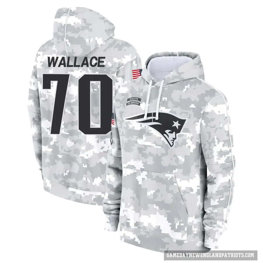 Men's ＃70 Caedan Wallace New England Patriots Arctic Camo 2024 Salute to Service Club Fleece Pullover Hoodie