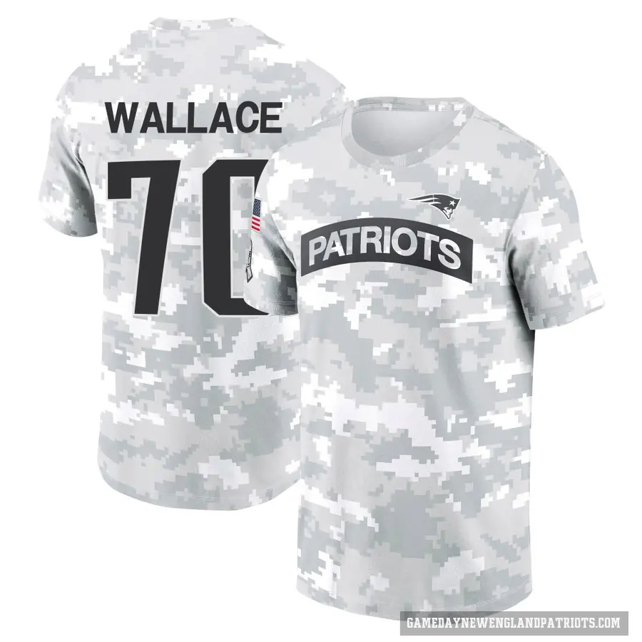 Men's ＃70 Caedan Wallace New England Patriots Camo Arctic 2024 Salute to Service Performance T-Shirt