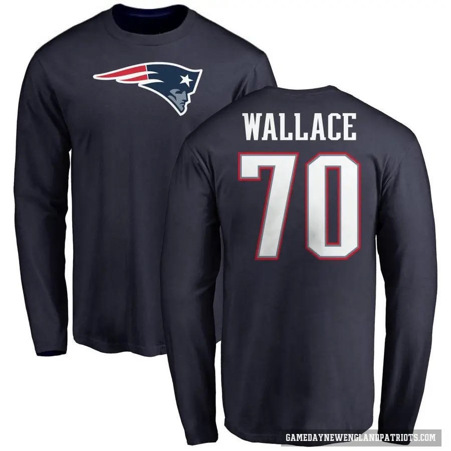 Men's ＃70 Caedan Wallace New England Patriots Navy Logo Long Sleeve T-Shirt