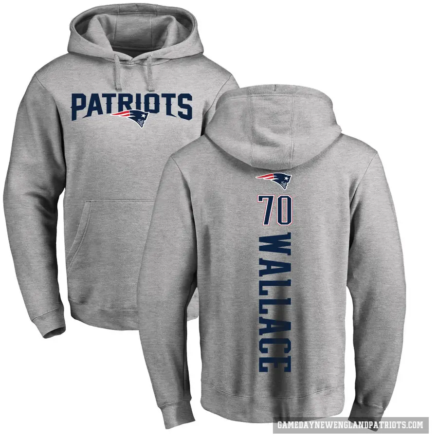 Men's ＃70 Caedan Wallace New England Patriots Pro Line Ash Backer Pullover Hoodie