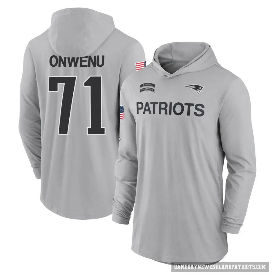 Men's ＃71 Mike Onwenu New England Patriots Gray 2024 Salute to Service Lightweight Performance Long Sleeve Hooded T-Shirt