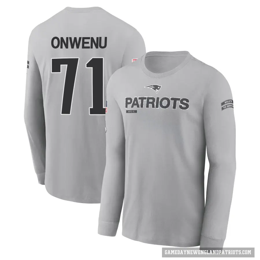 Men's ＃71 Mike Onwenu New England Patriots Gray 2024 Salute to Service Long Sleeve T-Shirt