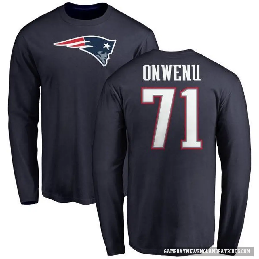 Men's ＃71 Mike Onwenu New England Patriots Navy Logo Long Sleeve T-Shirt