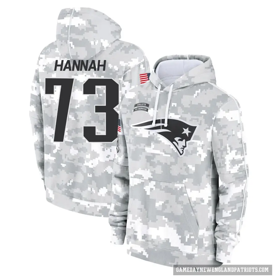 Men's ＃73 John Hannah New England Patriots Arctic Camo 2024 Salute to Service Club Fleece Pullover Hoodie