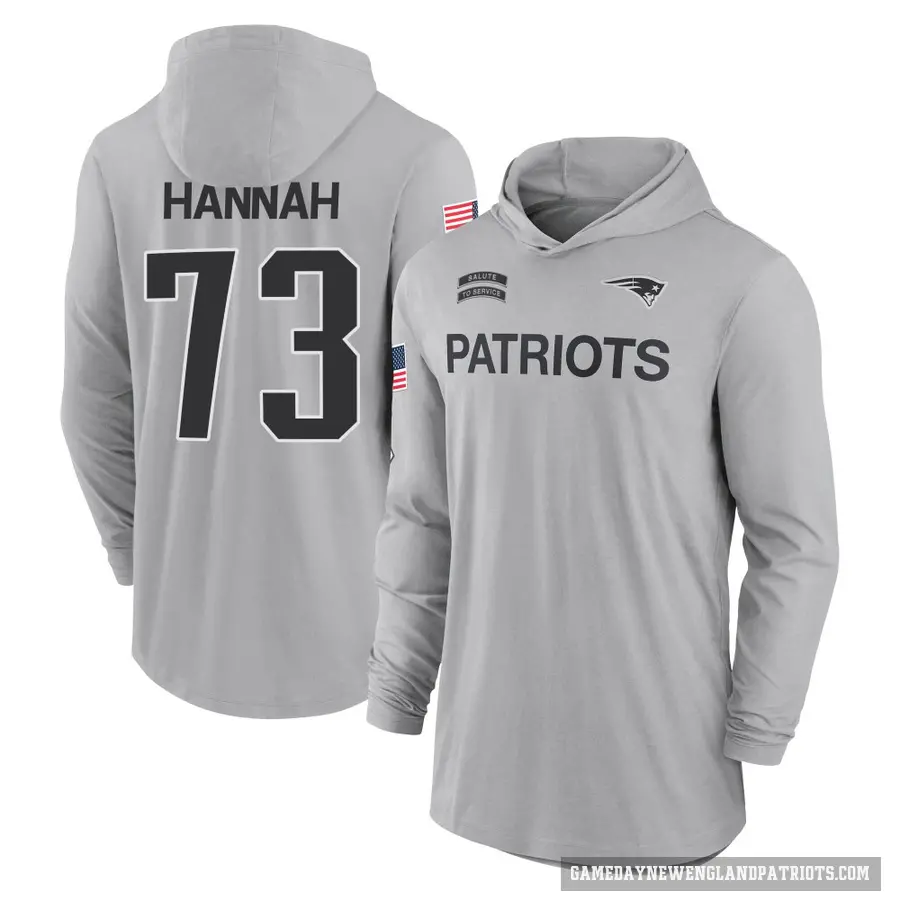 Men's ＃73 John Hannah New England Patriots Gray 2024 Salute to Service Lightweight Performance Long Sleeve Hooded T-Shirt