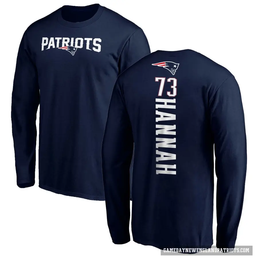 Men's ＃73 John Hannah New England Patriots Navy Backer Long Sleeve T-Shirt