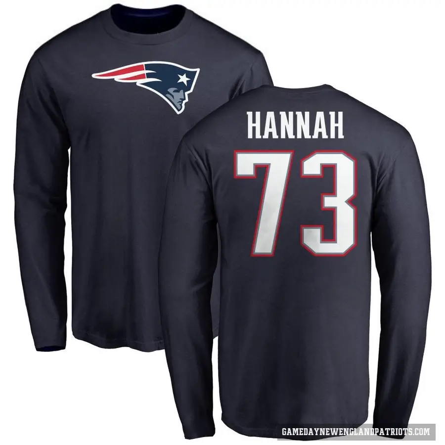 Men's ＃73 John Hannah New England Patriots Navy Logo Long Sleeve T-Shirt