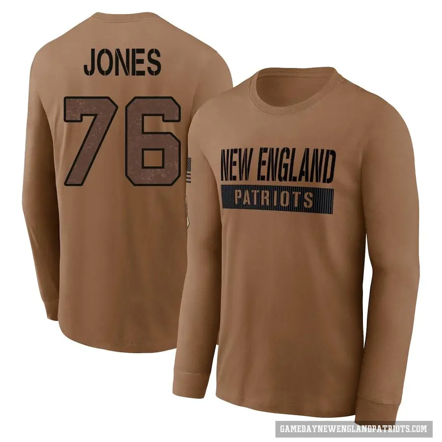 Men's ＃76 Caleb Jones New England Patriots Brown 2023 Salute To Service Long Sleeve T-Shirt