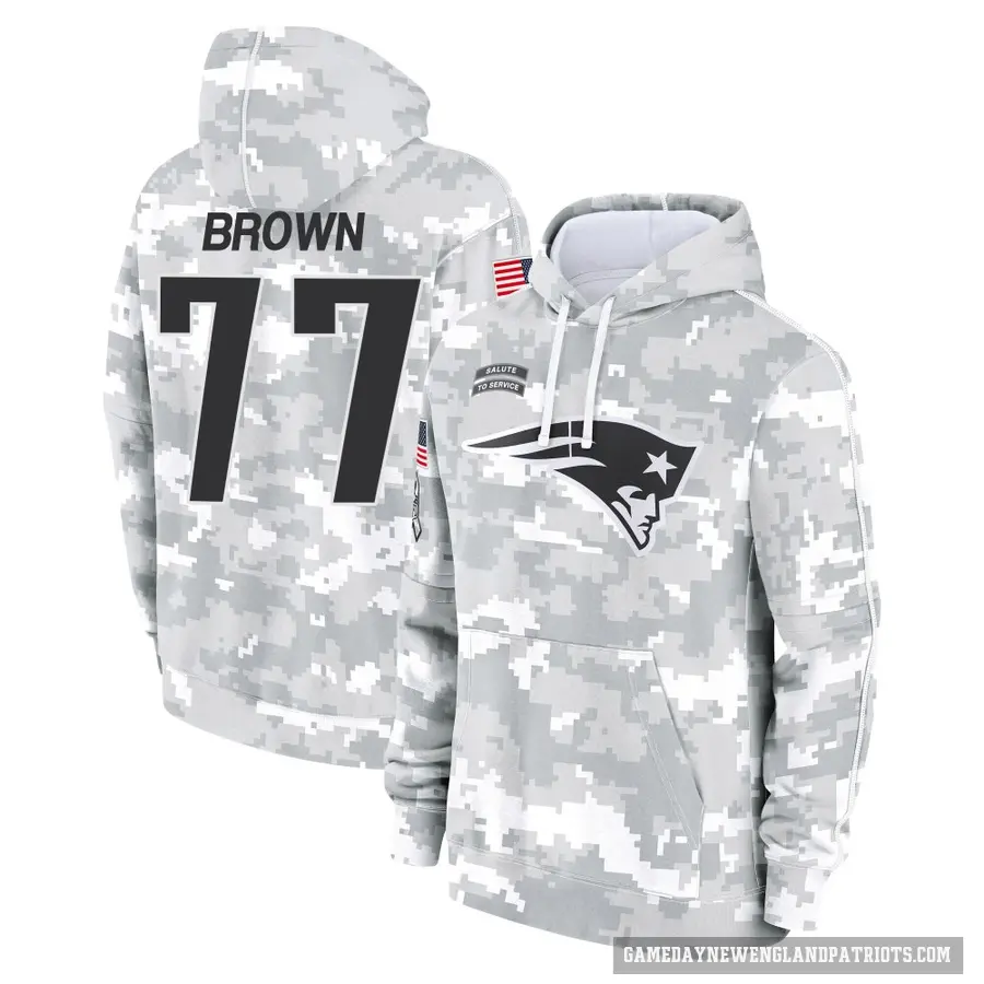 Men's ＃77 Ben Brown New England Patriots Arctic Camo 2024 Salute to Service Club Fleece Pullover Hoodie