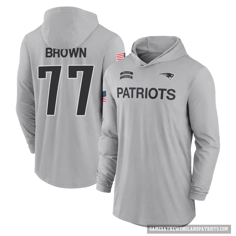 Men's ＃77 Ben Brown New England Patriots Brown Gray 2024 Salute to Service Lightweight Performance Long Sleeve Hooded T-Shirt