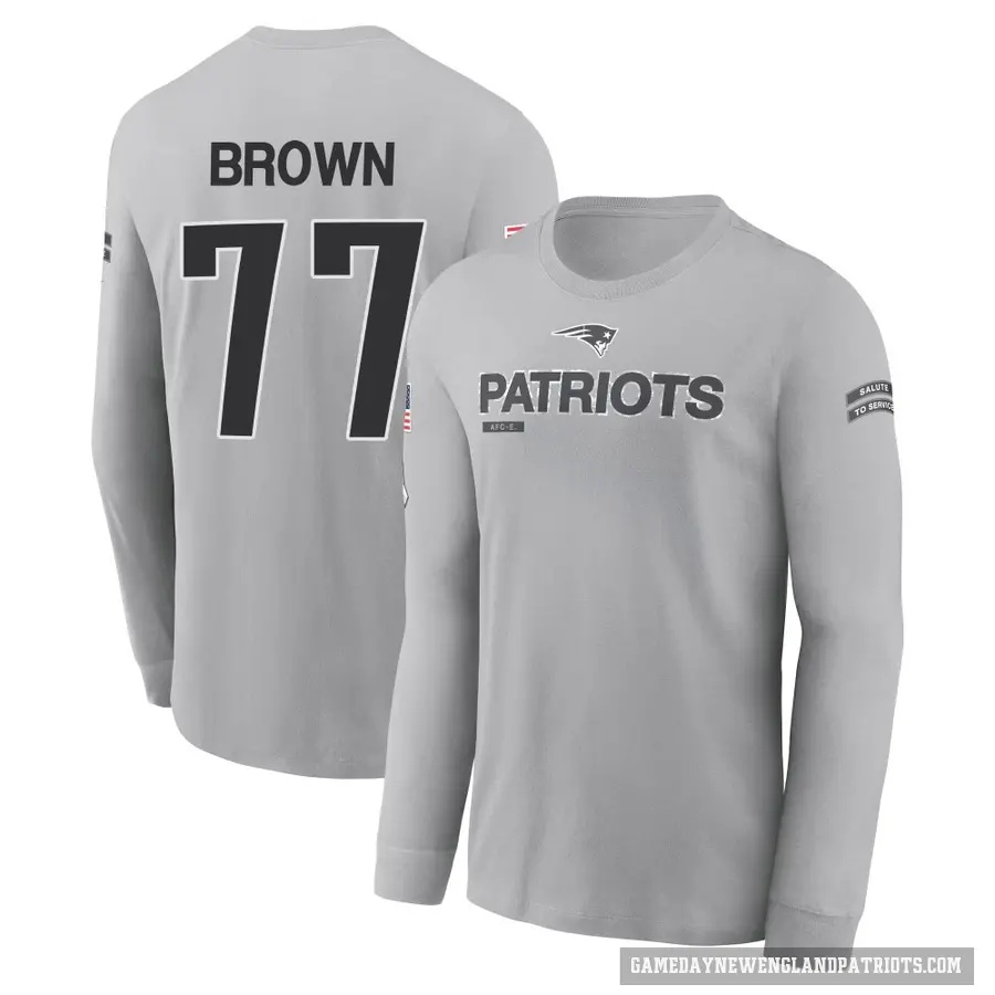 Men's ＃77 Ben Brown New England Patriots Brown Gray 2024 Salute to Service Long Sleeve T-Shirt