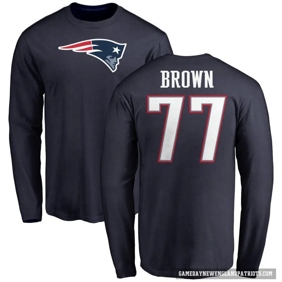 Men's ＃77 Ben Brown New England Patriots Brown Logo Long Sleeve T-Shirt Navy