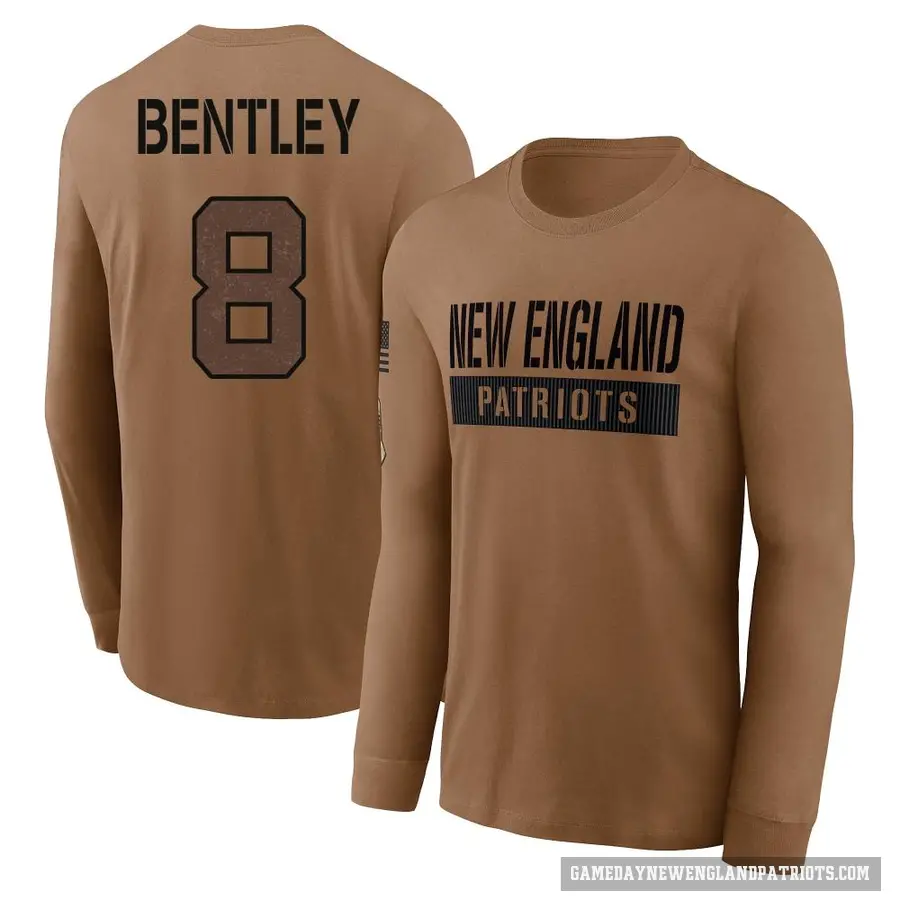 Men's ＃8 Ja'Whaun Bentley New England Patriots Brown 2023 Salute To Service Long Sleeve T-Shirt