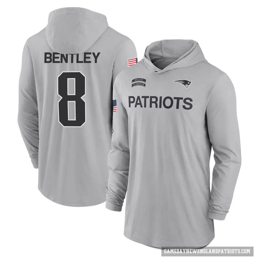 Men's ＃8 Ja'Whaun Bentley New England Patriots Gray 2024 Salute to Service Lightweight Performance Long Sleeve Hooded T-Shirt