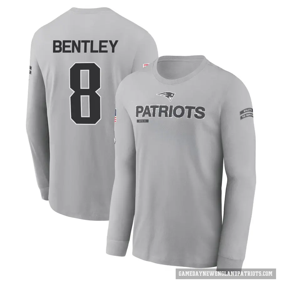 Men's ＃8 Ja'Whaun Bentley New England Patriots Gray 2024 Salute to Service Long Sleeve T-Shirt