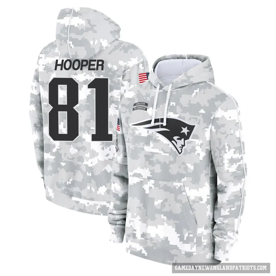 Men's ＃81 Austin Hooper New England Patriots Arctic Camo 2024 Salute to Service Club Fleece Pullover Hoodie