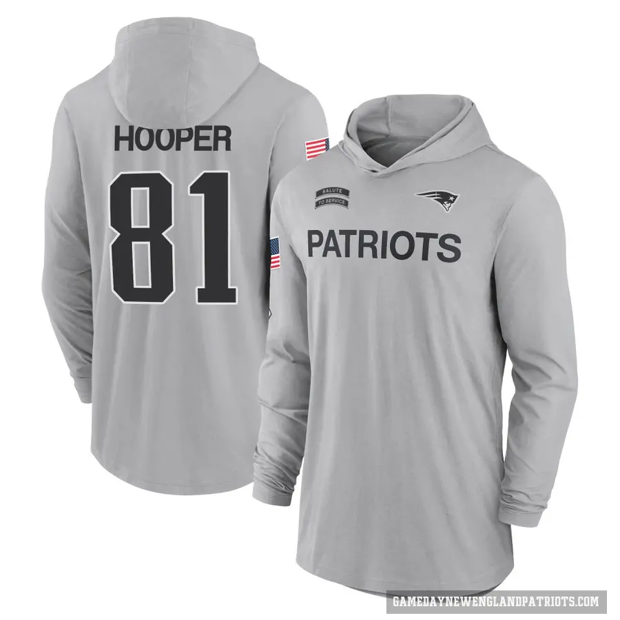 Men's ＃81 Austin Hooper New England Patriots Gray 2024 Salute to Service Lightweight Performance Long Sleeve Hooded T-Shirt