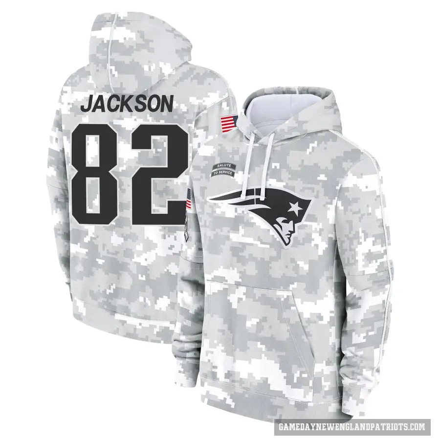 Men's ＃82 JaQuae Jackson New England Patriots Arctic Camo 2024 Salute to Service Club Fleece Pullover Hoodie