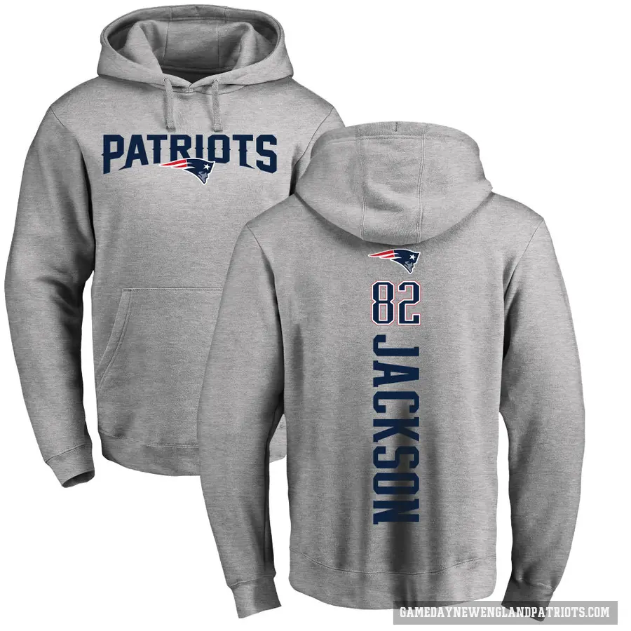 Men's ＃82 JaQuae Jackson New England Patriots Pro Line Ash Backer Pullover Hoodie