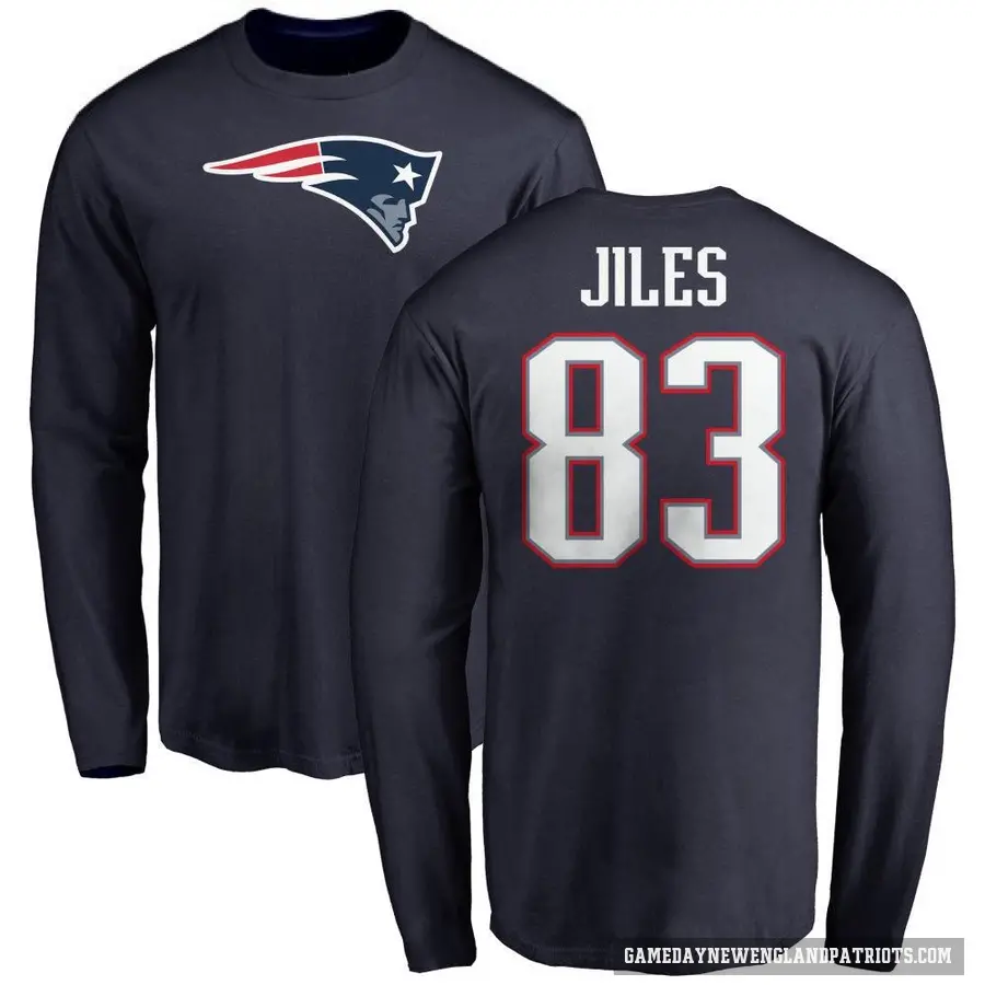 Men's ＃83 John Jiles New England Patriots Navy Logo Long Sleeve T-Shirt