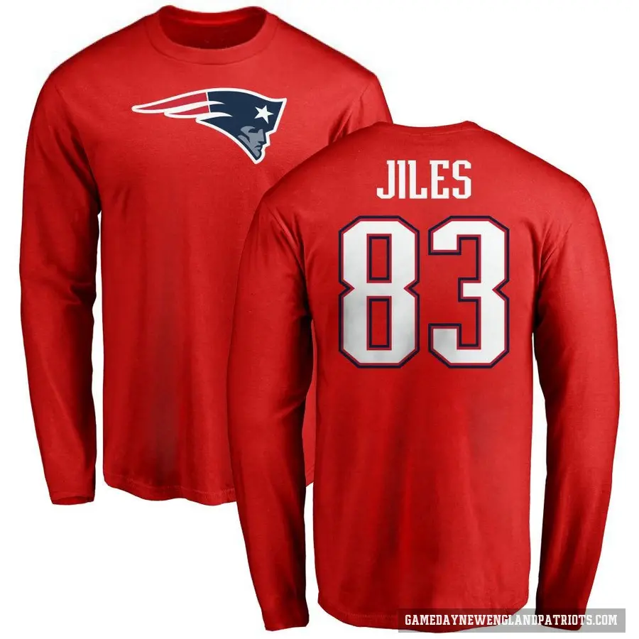 Men's ＃83 John Jiles New England Patriots Red Logo Long Sleeve T-Shirt