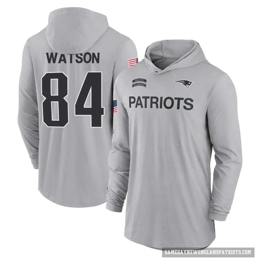 Men's ＃84 Benjamin Watson New England Patriots Gray 2024 Salute to Service Lightweight Performance Long Sleeve Hooded T-Shirt