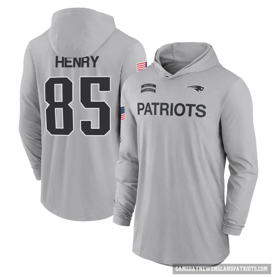 Men's ＃85 Hunter Henry New England Patriots Gray 2024 Salute to Service Lightweight Performance Long Sleeve Hooded T-Shirt