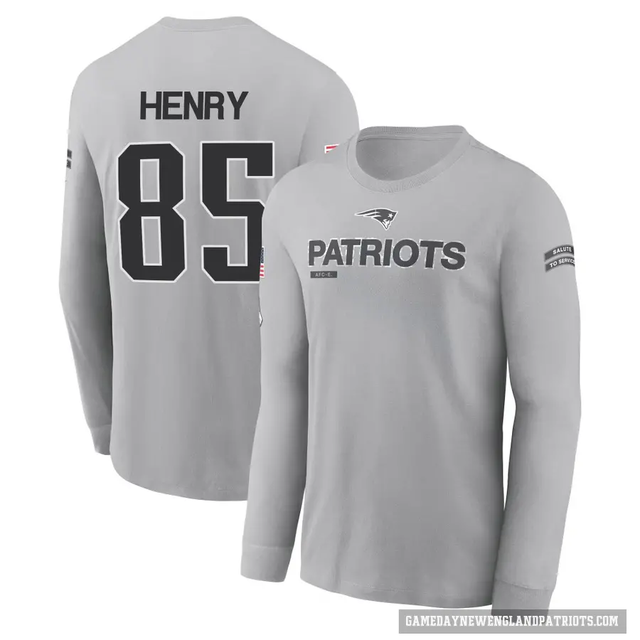 Men's ＃85 Hunter Henry New England Patriots Gray 2024 Salute to Service Long Sleeve T-Shirt