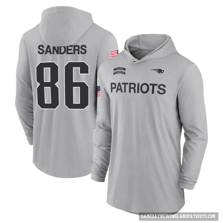 Men's ＃86 Braylon Sanders New England Patriots Gray 2024 Salute to Service Lightweight Performance Long Sleeve Hooded T-Shirt