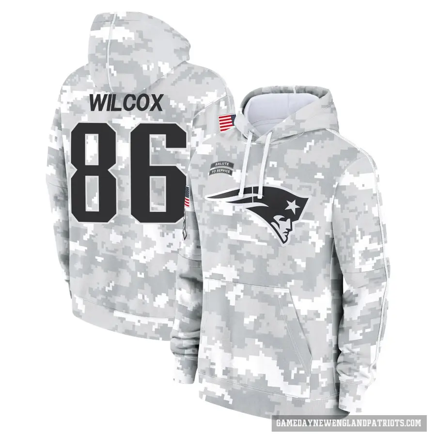 Men's ＃86 Mitchell Wilcox New England Patriots Arctic Camo 2024 Salute to Service Club Fleece Pullover Hoodie