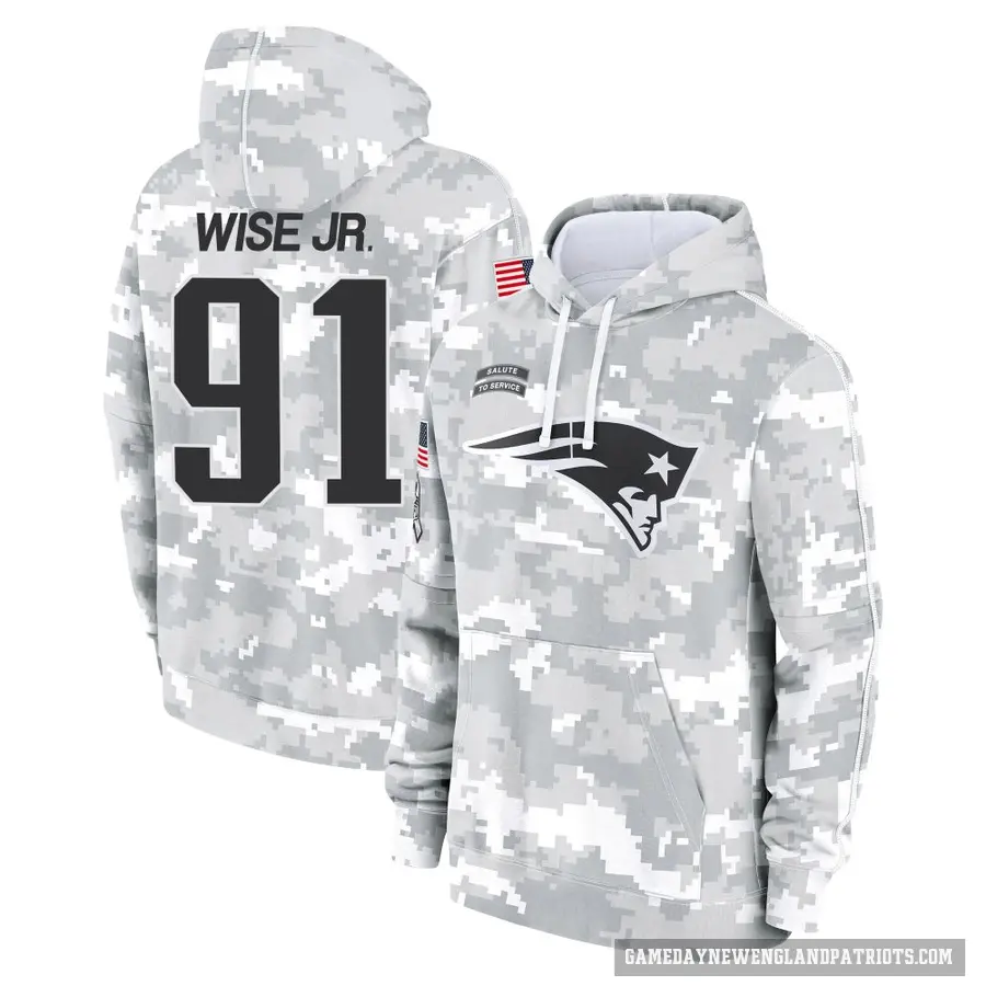 Men's ＃91 Deatrich Wise Jr. New England Patriots Arctic Camo 2024 Salute to Service Club Fleece Pullover Hoodie