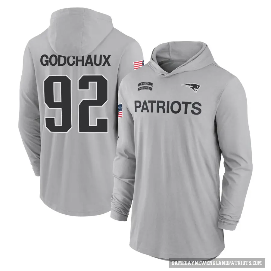 Men's ＃92 Davon Godchaux New England Patriots Gray 2024 Salute to Service Lightweight Performance Long Sleeve Hooded T-Shirt