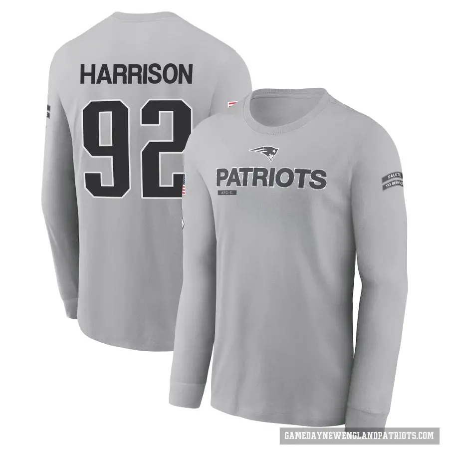 Men's ＃92 James Harrison New England Patriots Gray 2024 Salute to Service Long Sleeve T-Shirt