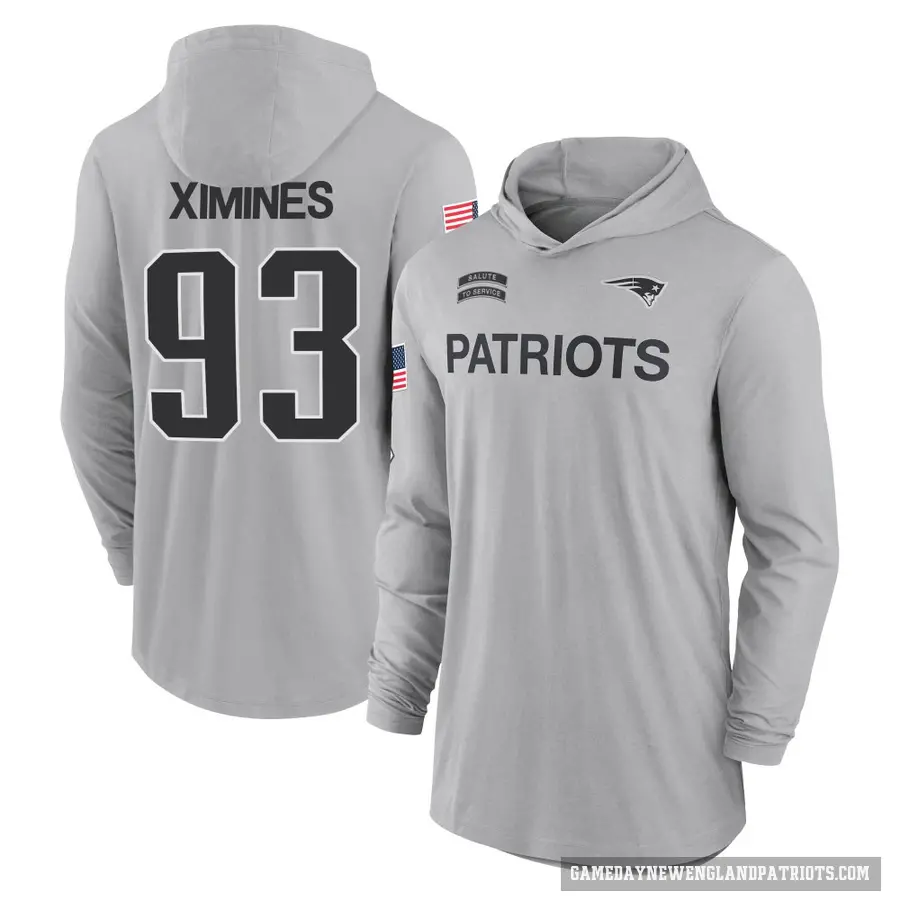 Men's ＃93 Oshane Ximines New England Patriots Gray 2024 Salute to Service Lightweight Performance Long Sleeve Hooded T-Shirt