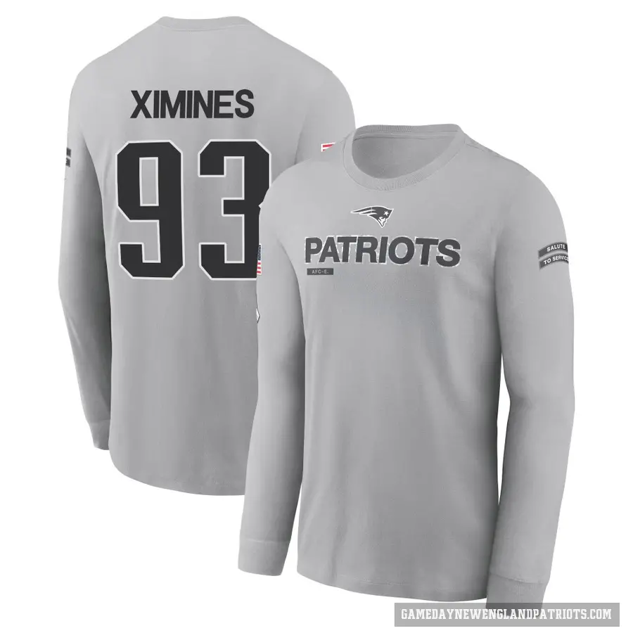 Men's ＃93 Oshane Ximines New England Patriots Gray 2024 Salute to Service Long Sleeve T-Shirt