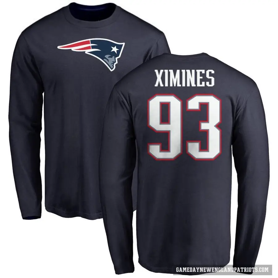 Men's ＃93 Oshane Ximines New England Patriots Navy Logo Long Sleeve T-Shirt