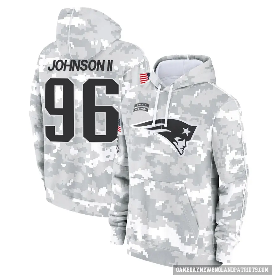 Men's ＃96 Eric Johnson II New England Patriots Arctic Camo 2024 Salute to Service Club Fleece Pullover Hoodie