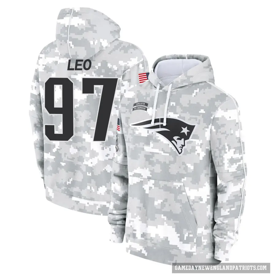 Men's ＃97 Titus Leo New England Patriots Arctic Camo 2024 Salute to Service Club Fleece Pullover Hoodie