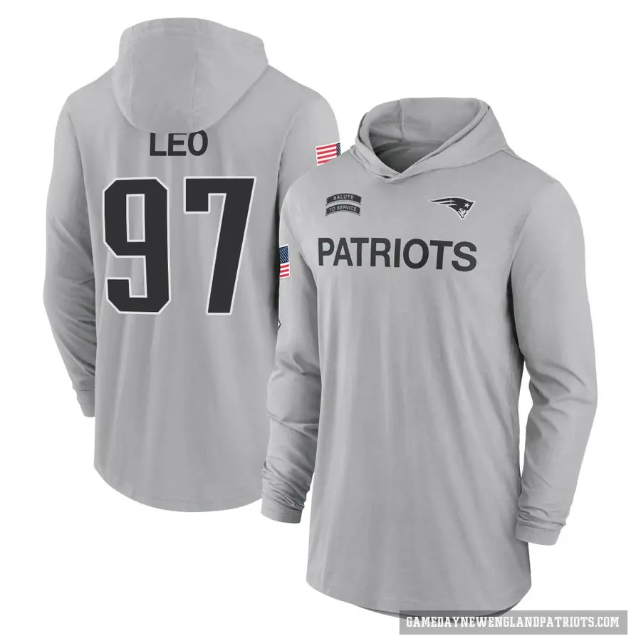 Men's ＃97 Titus Leo New England Patriots Gray 2024 Salute to Service Lightweight Performance Long Sleeve Hooded T-Shirt