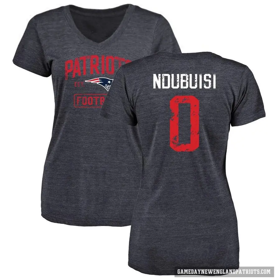 Women's ＃0 Haggai Ndubuisi New England Patriots Navy Distressed V-Neck T-Shirt