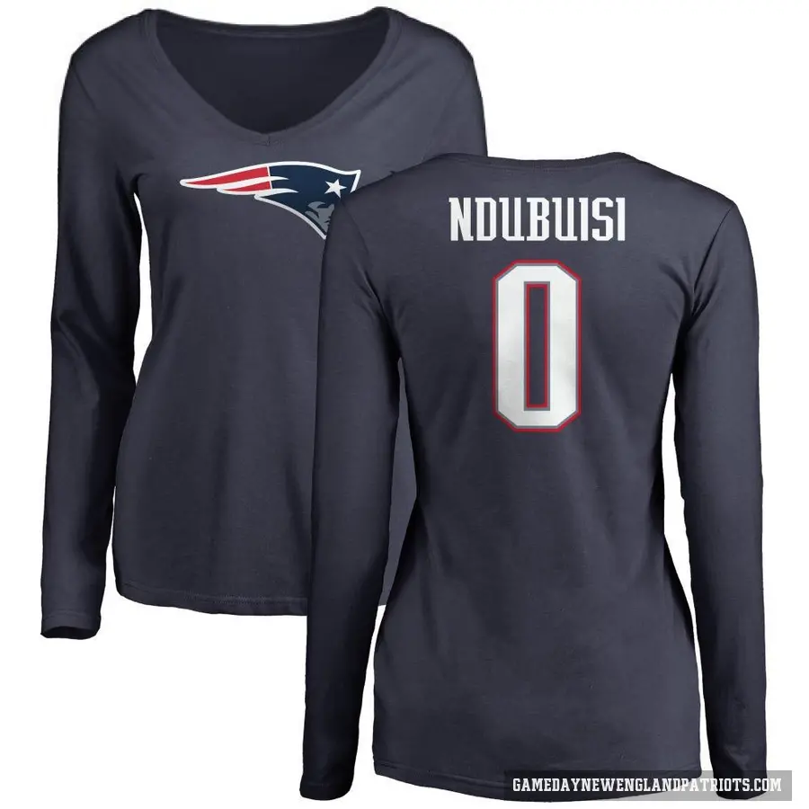 Women's ＃0 Haggai Ndubuisi New England Patriots Navy Logo Slim Fit Long Sleeve T-Shirt