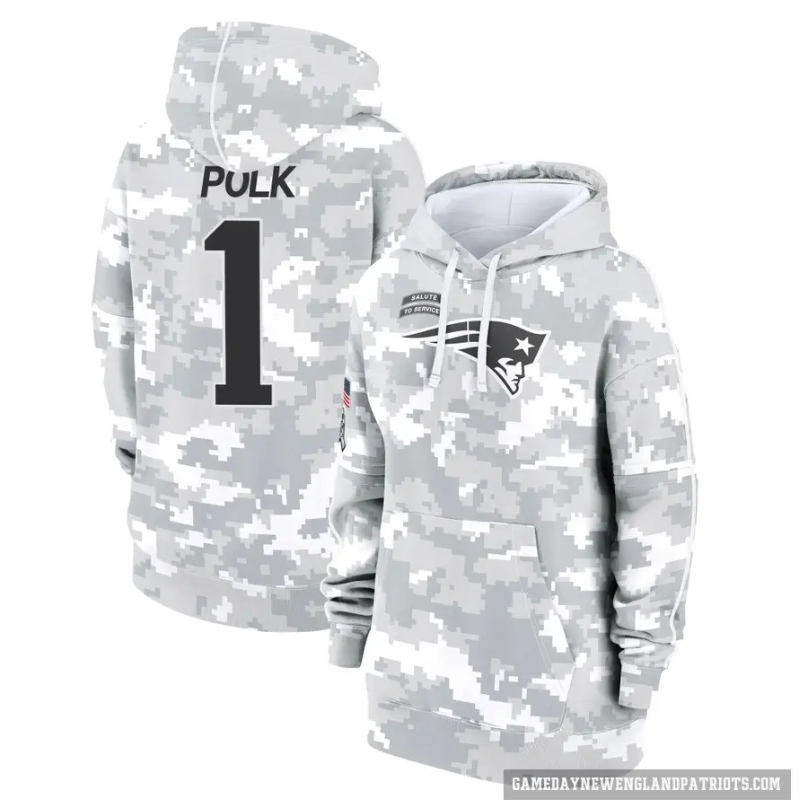 Women's ＃1 Ja'Lynn Polk New England Patriots Arctic Camo 2024 Salute to Service Club Fleece Pullover Hoodie