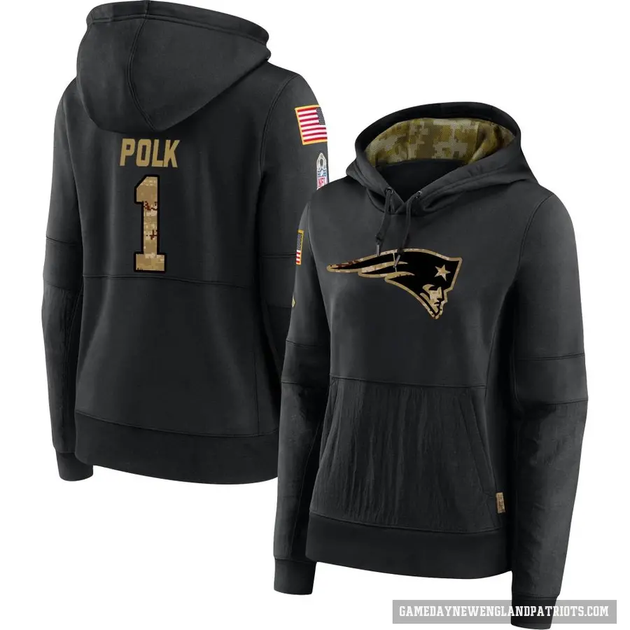 Women's ＃1 Ja'Lynn Polk New England Patriots Black 2020 Salute to Service Sideline Performance Pullover Hoodie