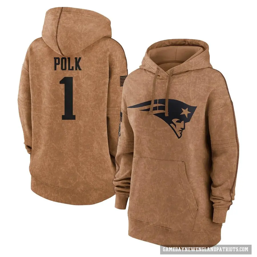 Women's ＃1 Ja'Lynn Polk New England Patriots Brown 2023 Salute To Service Pullover Hoodie