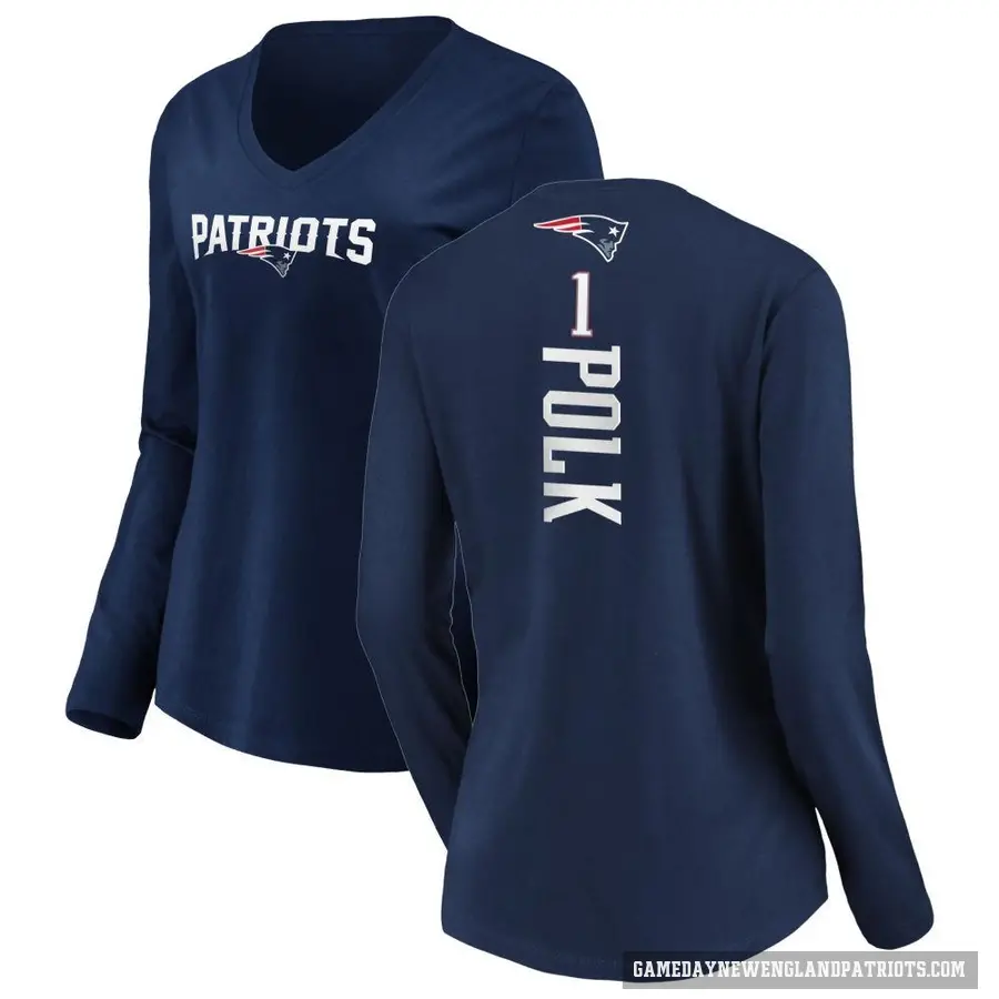 Women's ＃1 Ja'Lynn Polk New England Patriots Navy Backer Slim Fit Long Sleeve T-Shirt