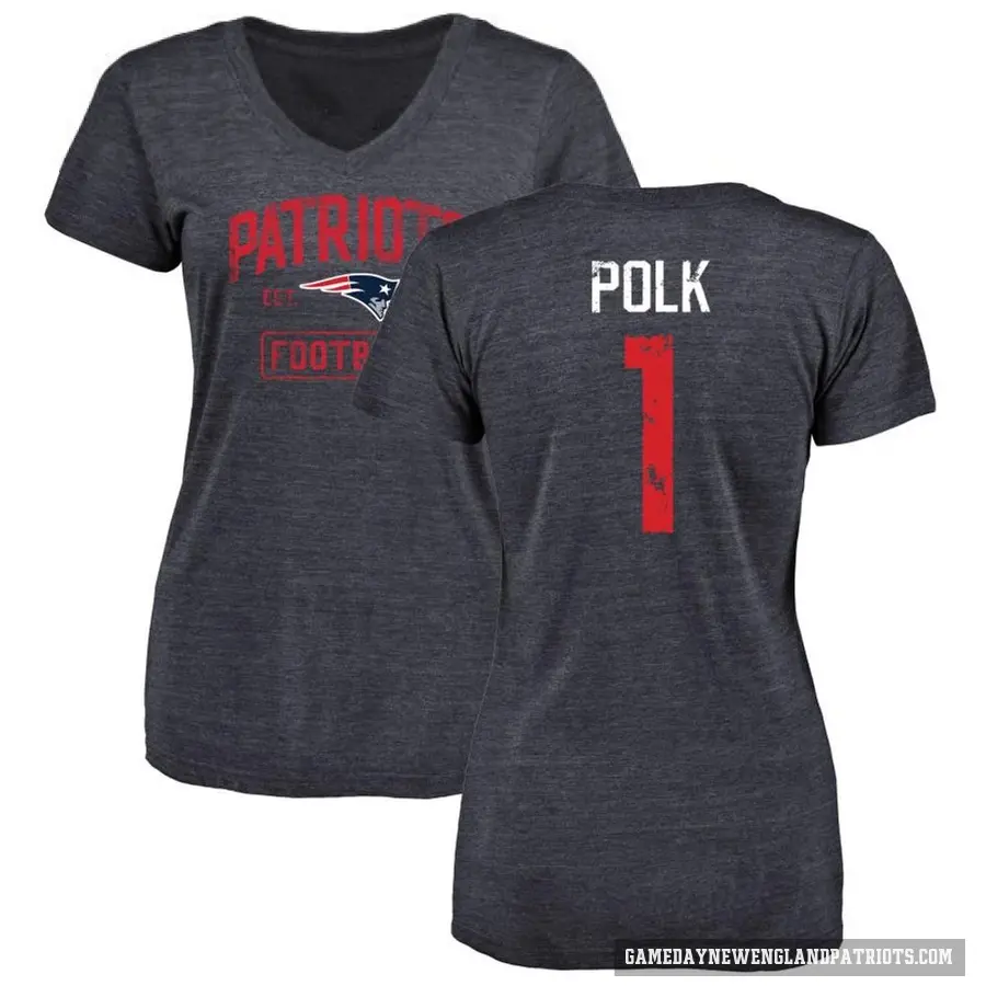 Women's ＃1 Ja'Lynn Polk New England Patriots Navy Distressed V-Neck T-Shirt